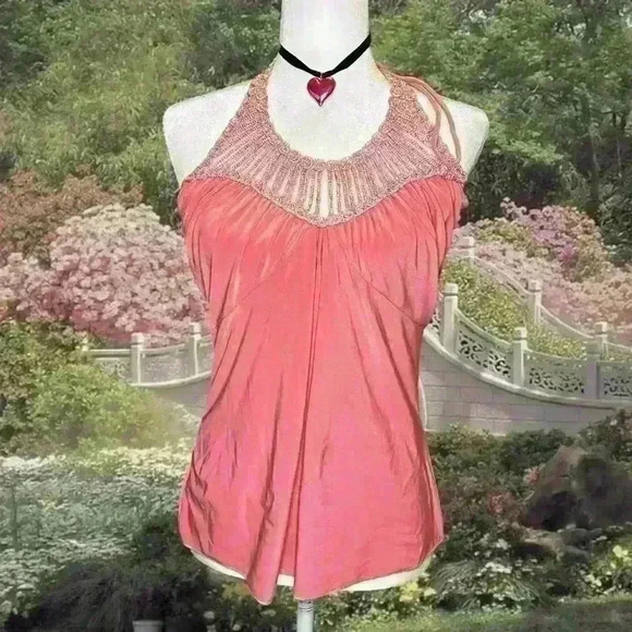 Y2k 90s Pink Shimmery Halter Top By Uva - Picture 1 of 8